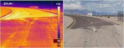 Thermal infrared（left）and visible（right）images of a road with light and dark segments。 