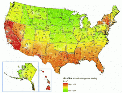 The winter heating penalty is outweighed by summer cooling savings of cool roofs in most of the U.S., except where the chart is bright green in the north. (Image courtesy of Heat Island Group, Lawrence Berkeley National Laboratory)