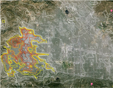 An overlay of the results of climate modeling simulations identifying local heat islands in San Fernando Valley, CA. The red-orange colors indicate areas with elevated air temperatures. These higher air temperatures map closely to the underlying dense development patterns in the area.