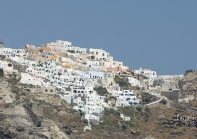 Buildings with white-washed walls in Santorini, Greece.